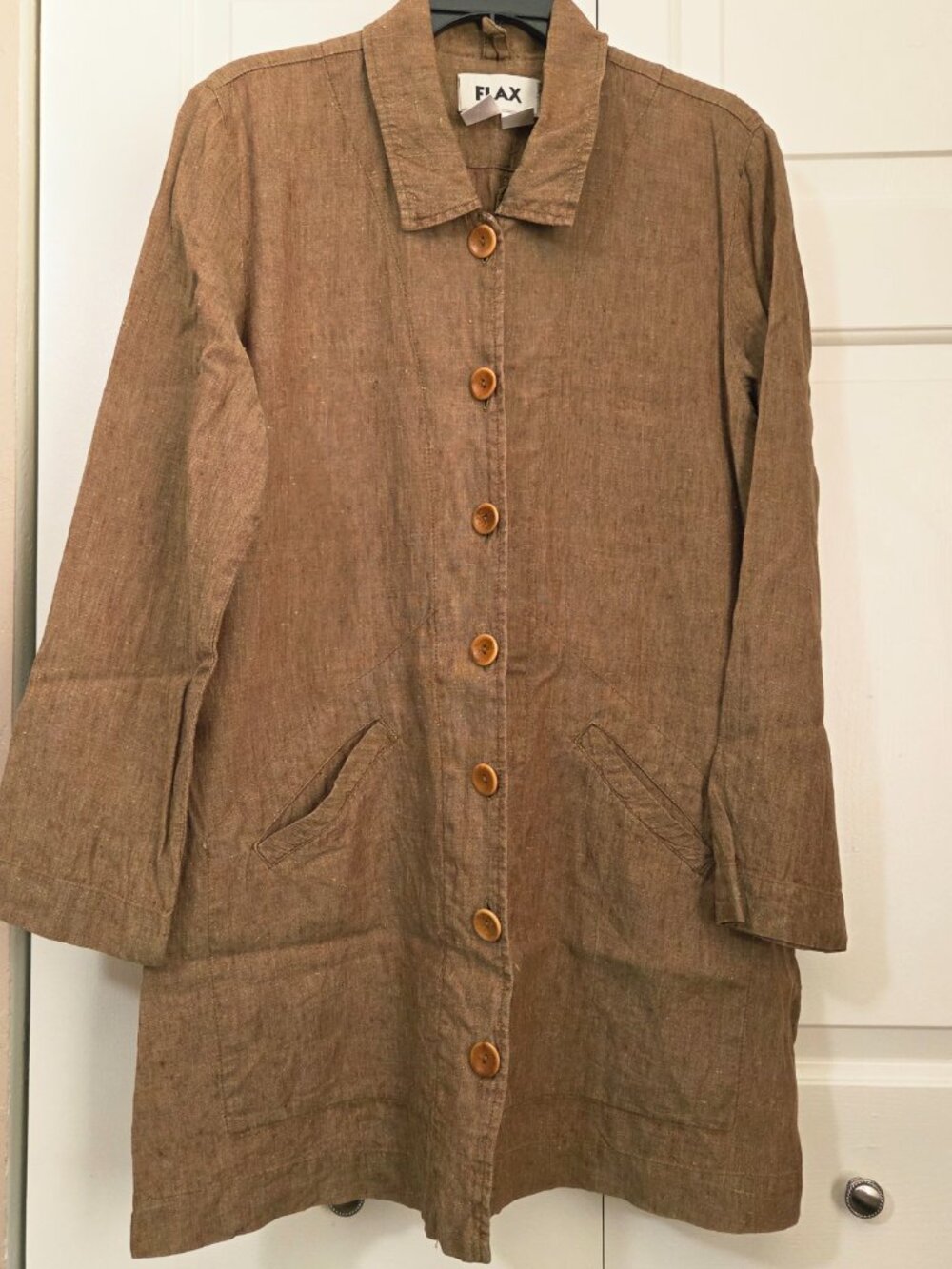 FLAX 100% Linen EUC 7-Button Golden Brown Long Blazer Jacket size S